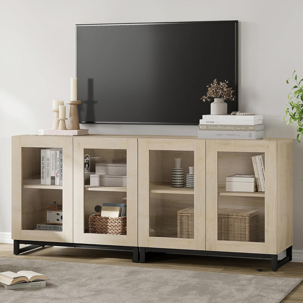WAMPAT Modern TV Stand with Glass Doors for 40-70 inch TVs, 2 in 1 Entertainment Center Console with Adjustable Shelves and Metal Base for Living Room, Bedroom, Beige