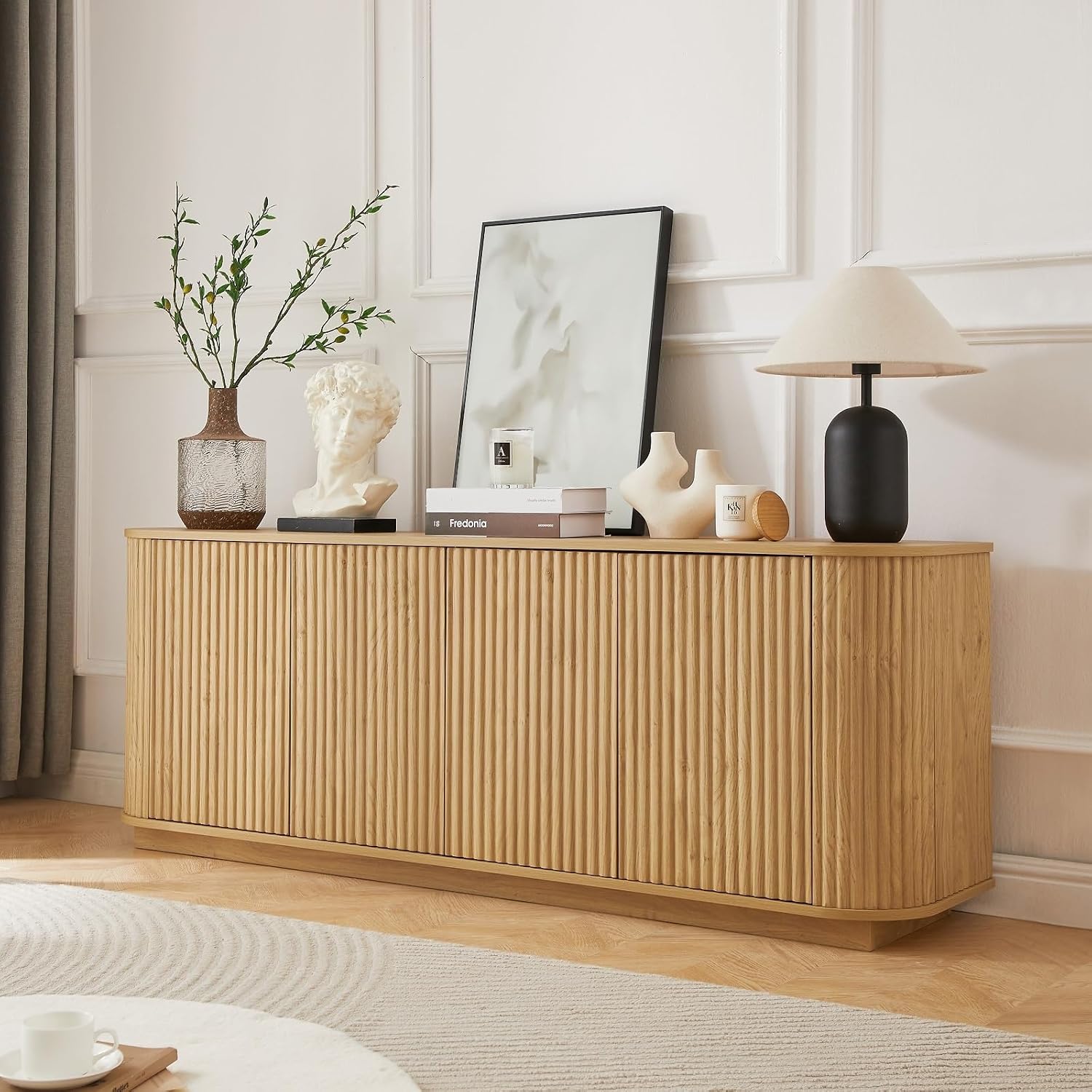 Fluted TV Stand for TVs Up to 75 Inch, Mid Century Modern TV Console for Living Room, Entertainment Center with Storage, Wood Media Console Cabinet with Rounded Corner