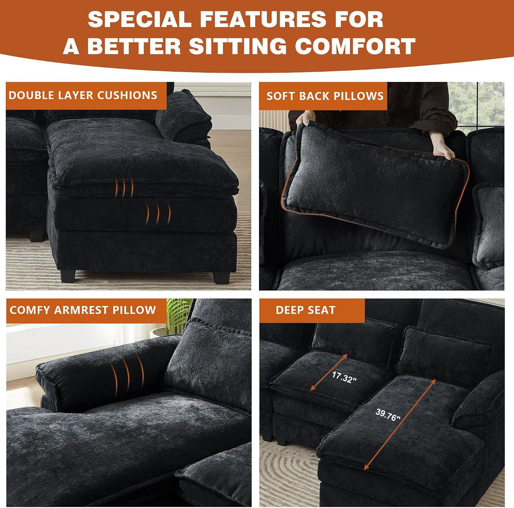 113' Oversized Cloud Couch, U Shape Sectional 4 Seat Sofa with Double Chaises, 2 Layer Cusions, Deep Seat Comfy Sofa, Upholstery Chenille Fabric for Living Room, Black