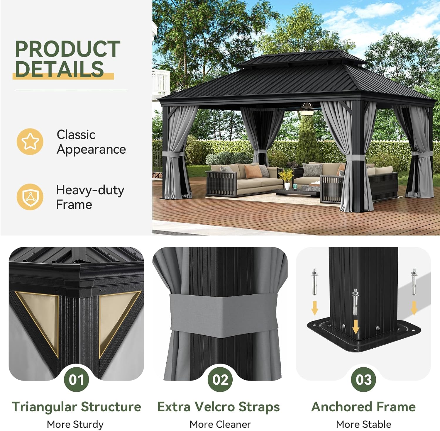 Aoxun Hardtop Gazebo 12x16 with Gutter, Upgraded Wider Aluminum Outdoor Gazebo with Galvanized Steel Double Roof, Patio Permanent Metal Pavilion with Netting and Privacy Curtain