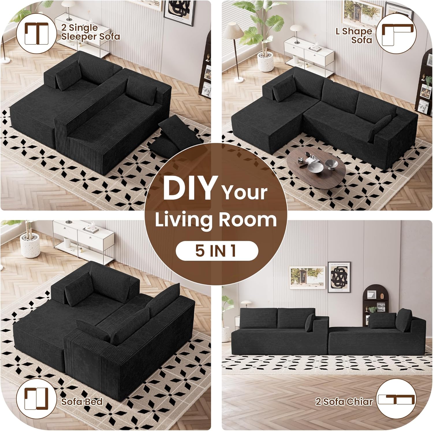 106' Cloud Sectional Boneless Couches for Living Room, Modular U Shaped Couch with Deep Seat, Removable Ottoman, Memory Foam Compressed Spineless 4 Seater Sofa for Bedroom Apartment, Black