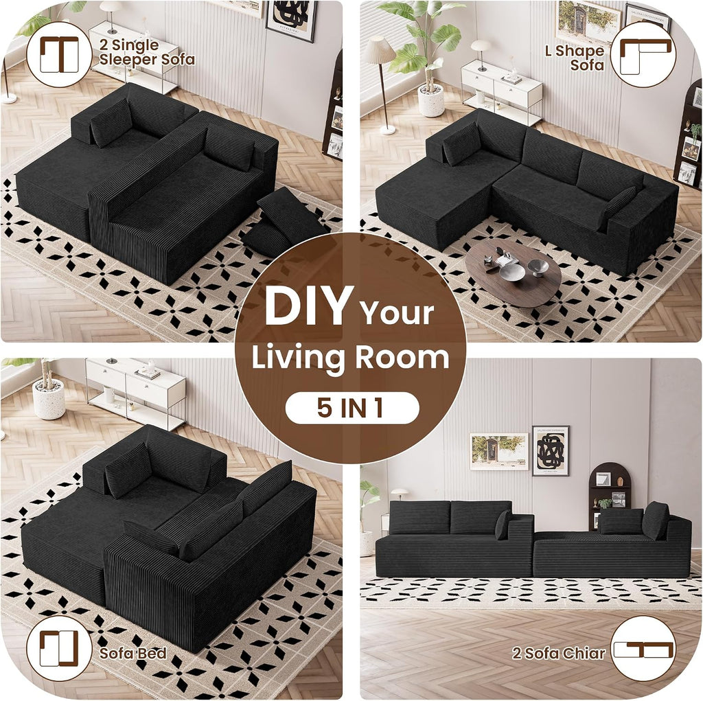 106' Cloud Sectional Boneless Couches for Living Room, Modular L Shaped Couch with Deep Seat Oversized Left Facing Chaise, Memory Foam Compressed Spineless 3 Seater Sofa for Bedroom Apartment, Black