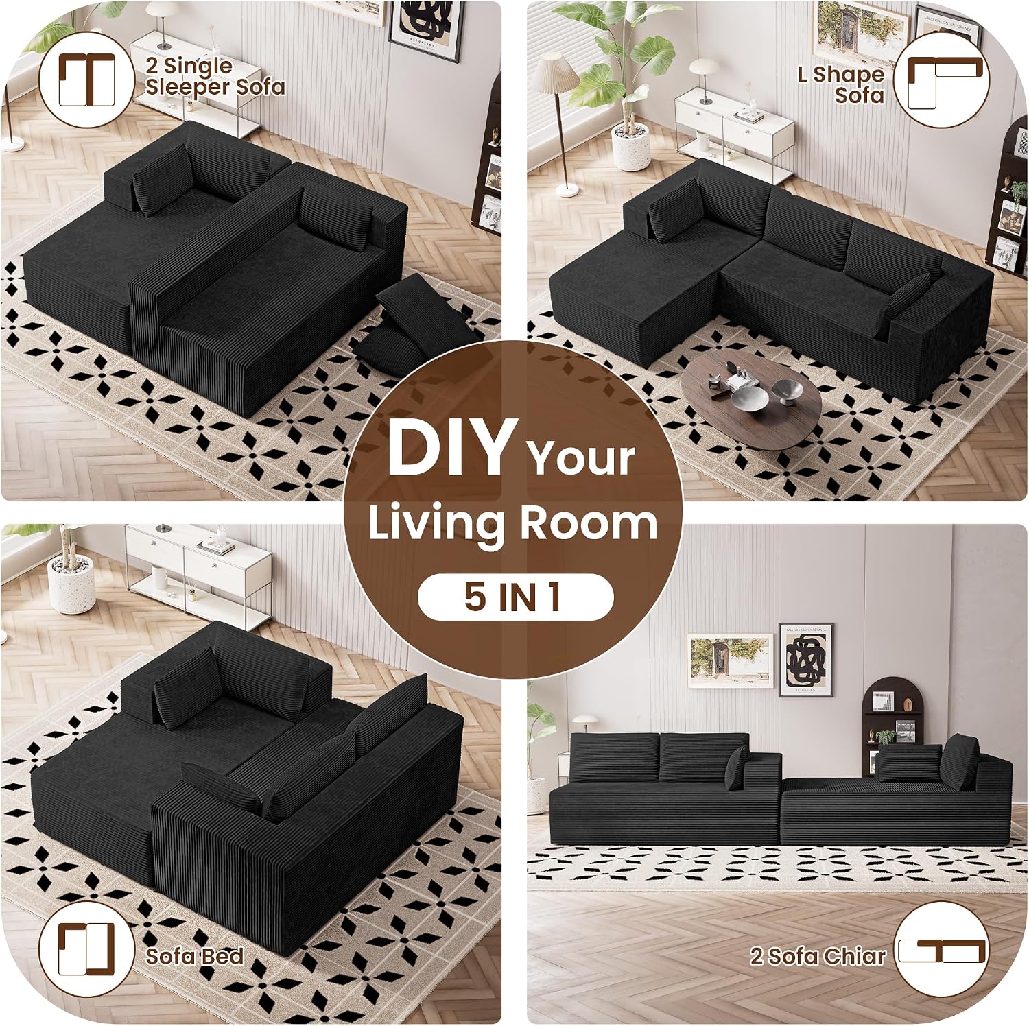 106' Cloud Sectional Boneless Couches for Living Room, Modular L Shaped Couch with Deep Seat Oversized Left Facing Chaise, Memory Foam Compressed Spineless 3 Seater Sofa for Bedroom Apartment, Black