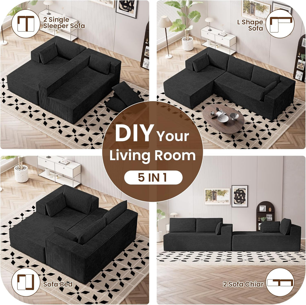 106' Cloud Sectional Boneless Couches for Living Room, Modular L Shaped Couch with Deep Seat Oversized Right Facing Chaise, Memory Foam Compressed Spineless 3 Seater Sofa for Apartment, Black