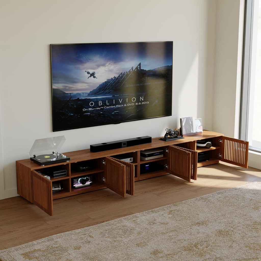 POVISON Full Assembled Mid Century Modern TV Stand, 118' Extra-Large Entertainment Center for 100 inch TV, Wood Slatted TV Media Console with Storage for Living Room Bedroom