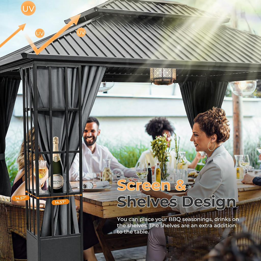 HAPPATIO 10' x 12' Hardtop Gazebo, Outdoor Gazebo with Netting and Curtains, Double Roof Permanent Patio Metal Canopy with Storage Shelf for Patio, Deck, Backyard (Gray)