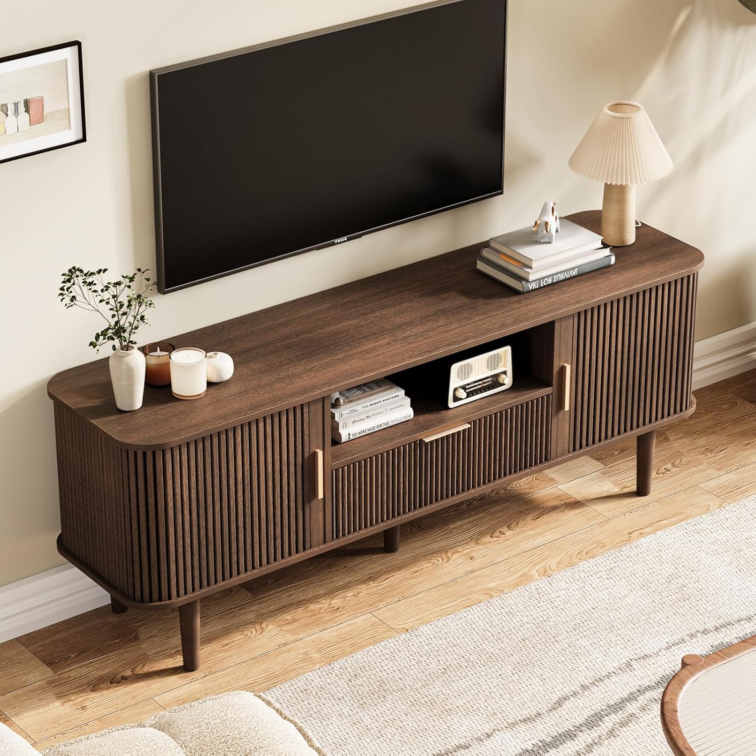 Fluted TV Stand for TVs Up to 60 Inch, 55' Mid-Century Entertainment Center with Sliding Doors&Drawer, Modern Media Console for Living Room, Walnut (55.1' L*15.7*W*23' H)