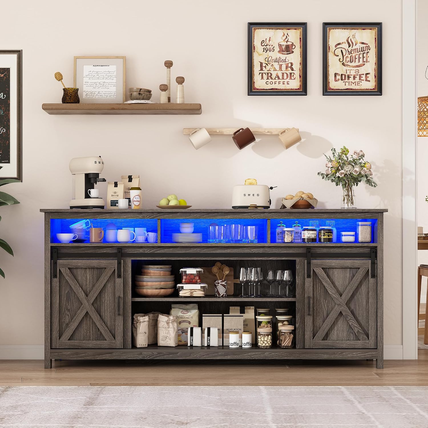 70' LED Farmhouse TV Stand for 80/75/70 Inch TVs, Tall Entertainment Center Storage Cabinets w/Power Outlets and Sliding Barn Door, Rustic Living Room Media Console Cabinet (Charcoal)