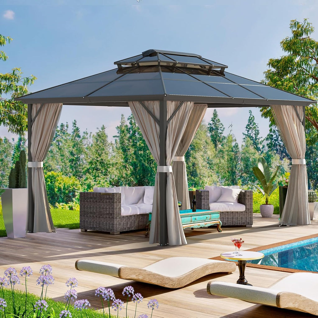 VINGLI 10' x 13' Outdoor Hardtop Gazebo Polycarbonate Double Roof Canopy Aluminum Frame Patio Pavilion Gazebo with Curtains and Netting Patio Gazebo