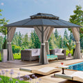 VINGLI 10' x 13' Outdoor Hardtop Gazebo Polycarbonate Double Roof Canopy Aluminum Frame Patio Pavilion Gazebo with Curtains and Netting Patio Gazebo