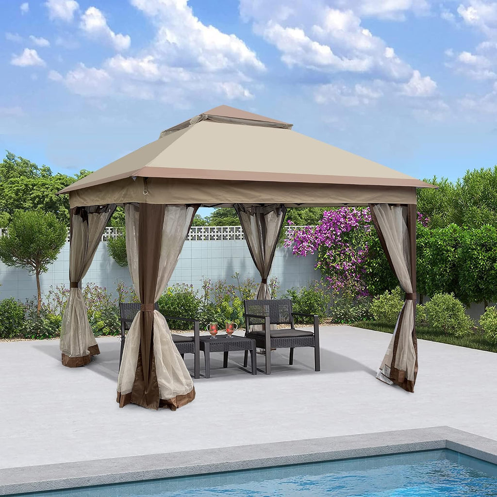 11x11 Ft Pop Up Gazebo with Removable Zipper Netting, Outdoor Gazebo Tent with Double Roof & Height Adjustable Leg, Easy Up Canopy Tent with Carry Bag for Backyard, Deck, Patio Shade (Beige)