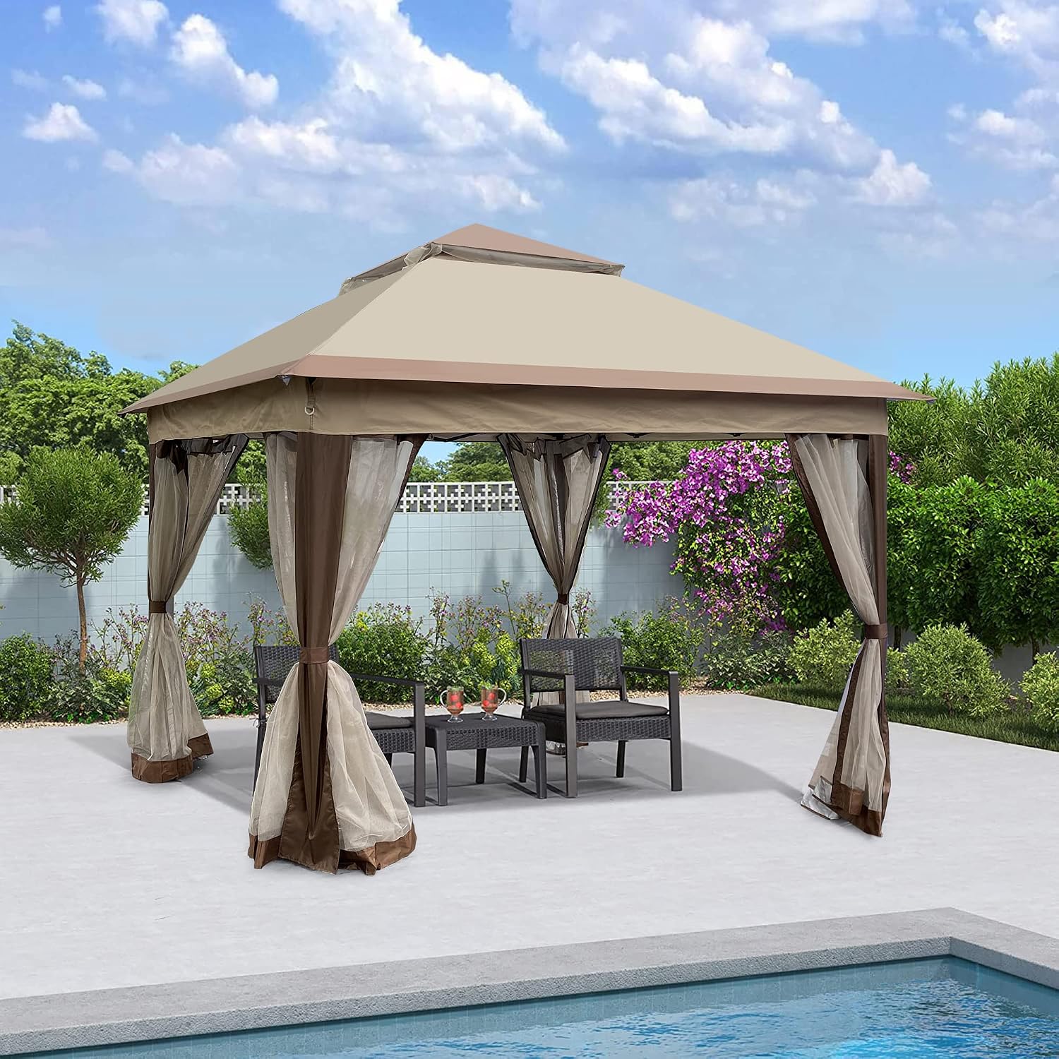 11x11 Ft Pop Up Gazebo with Removable Zipper Netting, Outdoor Gazebo Tent with Double Roof & Height Adjustable Leg, Easy Up Canopy Tent with Carry Bag for Backyard, Deck, Patio Shade (Beige)