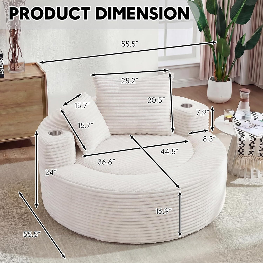 Oversized Round Chair Lounge Chaise Indoor, 55.5' Upholstered Corduroy Deep Seat Single Cloud Sofa Chair with Cup Holder, Modern Large Circle Boneless Sleeper Sofa for Living Room, Beige White
