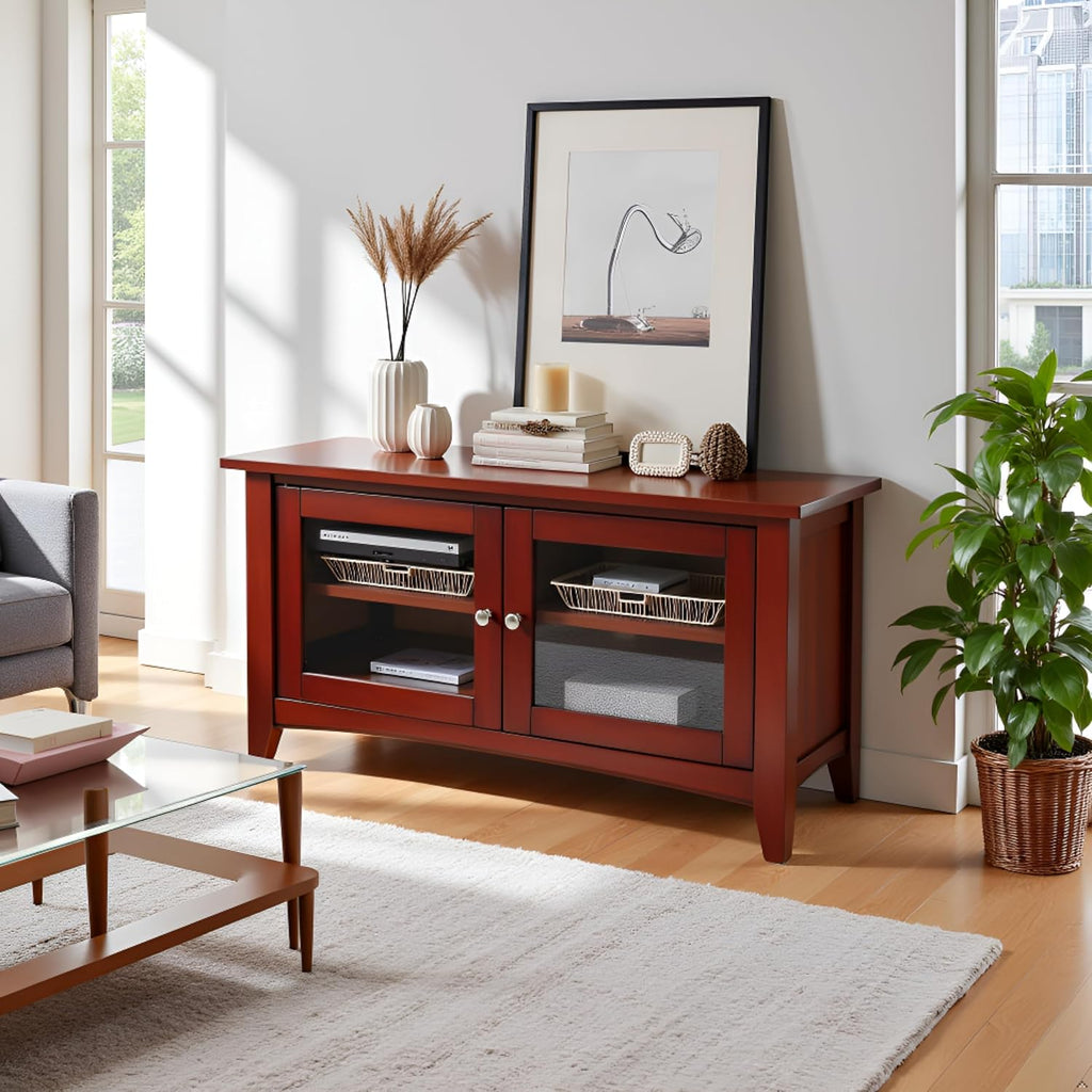 Shaker Cottage 36-Inch TV Stand Cabinet – Glass Door Media Console with Adjustable Shelves, Beadboard Accent, and Storage Organizer for Living Room, Bedroom, or Office by Alaterre Furniture (Cherry)