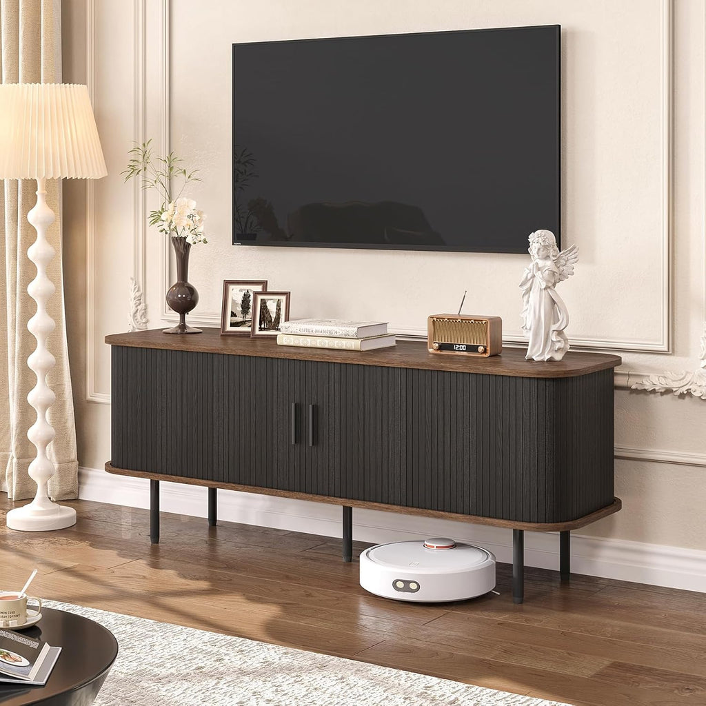 55' Modern Fluted TV Stand for TVs up to 65 Inch, Gaming Entertainment Center with Tambour Slatted Sliding Doors and Storage Cabinet, Media TV Consoles Table for Living Room, Office, Black