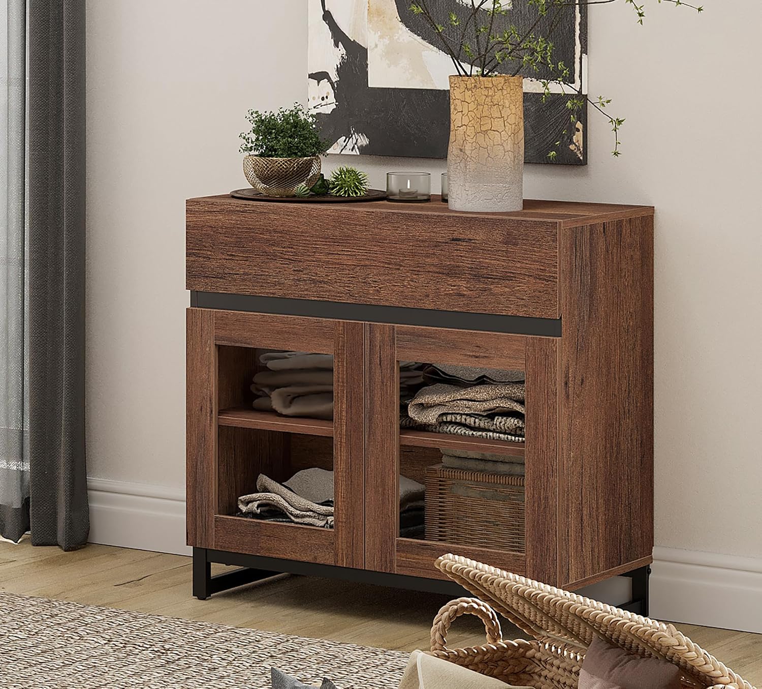 WAMPAT Modern TV Stand with Glass Doors for 26-40 inch TVs, Entertainment Center Console with Drawer and Metal Base for Living Room, Bedroom, Brown