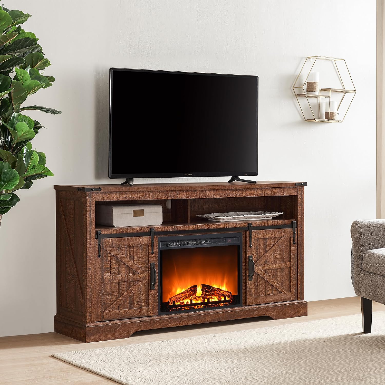 OKD Fireplace TV Stand for 65+ Inch TV, 33' Tall Highboy Farmhouse Entertainment Center w/ 23'' Electric Fireplace, Rustic Media Console w/Sliding Barn Door for Living Room, Reclaimed Barnwood Color