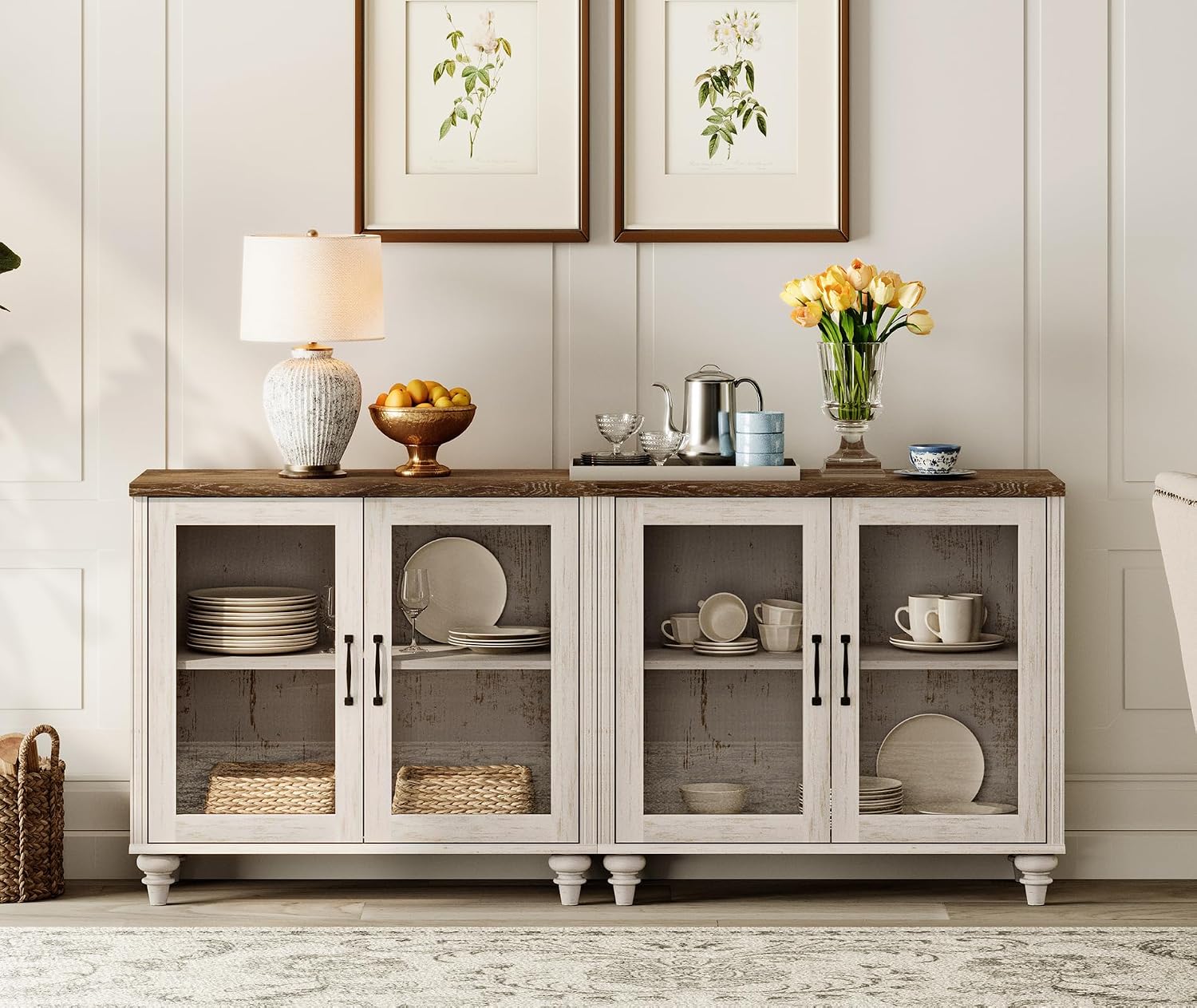 WAMPAT Farmhouse TV Stand for TVs Up to 75 inch, Glass Wooden Universal TV Stand with 2 Storage Cabinets, Entertainment Center, Console Table for Living Room, Bedroom, Rustic White
