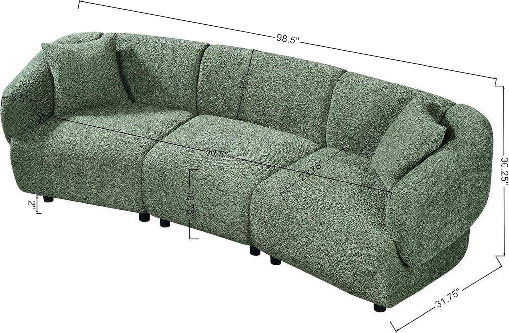 Merax 98.5' Modern 3 Seater Curved Sofa, Luxury Boucle Fabric Sofa, Minimalist Cozy Cloud Couch for Living Room, Bedroom, Apartment, Home Office, Green