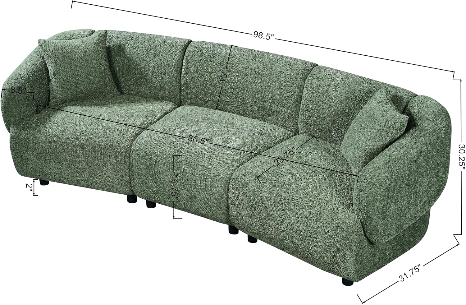Merax 98.5' Modern 3 Seater Curved Sofa, Luxury Boucle Fabric Sofa, Minimalist Cozy Cloud Couch for Living Room, Bedroom, Apartment, Home Office, Green