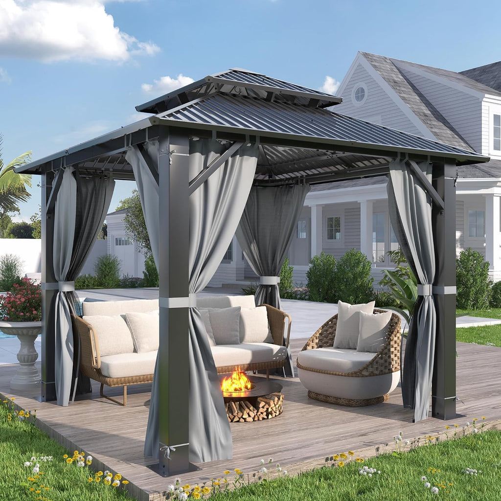COVERONICS 8.5' x 8.5' Outdoor Hardtop Gazebo - Aluminum Heavy-Duty Double Roof Vented Gazebo with Breathable Netting & Privacy Curtains for Patio, Porch, Garden, Lawn