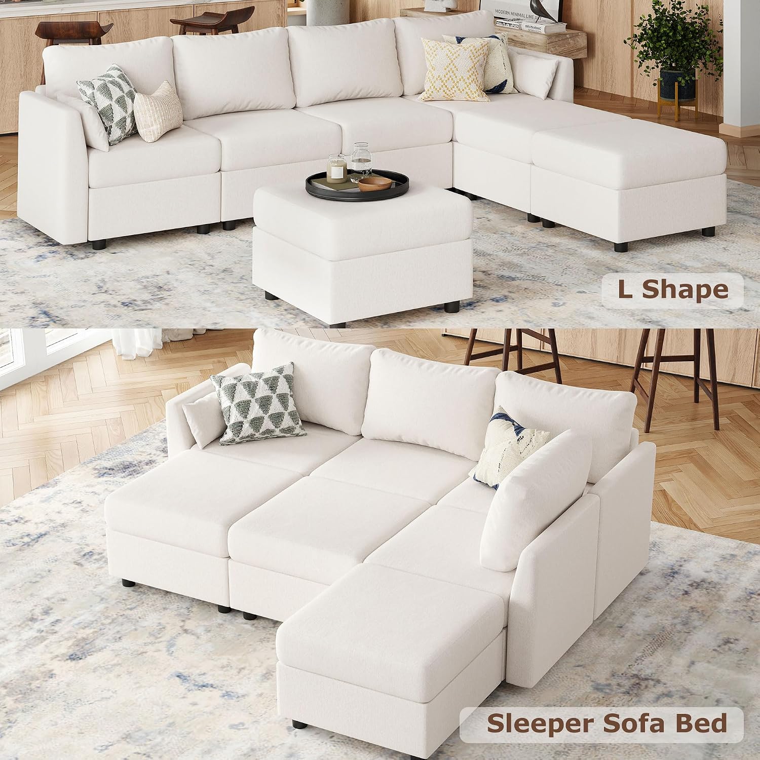 Modular Sectional Sofa, 7 Seat Sectional Couches with Storage, Memory Foam, Convertible Modular Couch for Living Room, L Shaped Comfy Modular Sofa with Chaise, Beige