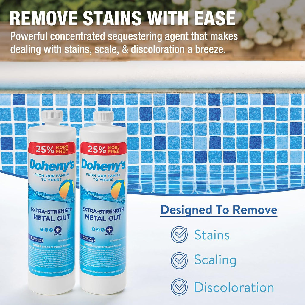 Doheny's Extra-Strength Metal Out Pool Treatment | Professional-Grade, Highly Concentrated Formula | Reduces Staining, Scaling & Discoloration | Dosage View Stripe |4 x 40 Oz. Bottles (160 Oz. Total)