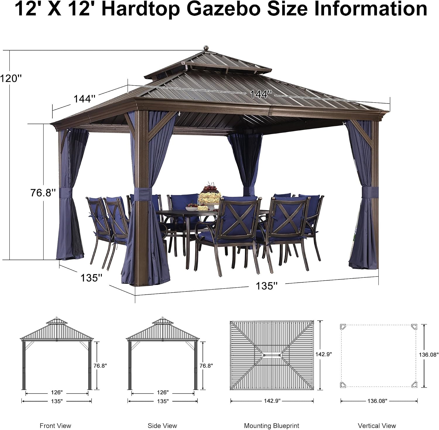 PURPLE LEAF 12' X 12' Hardtop Gazebo Canopy with Netting and Curtains for Outdoor Hot Tub Heavy Duty Backyard Sunshade Deck Metal Roof Patio Permanent Pavilion