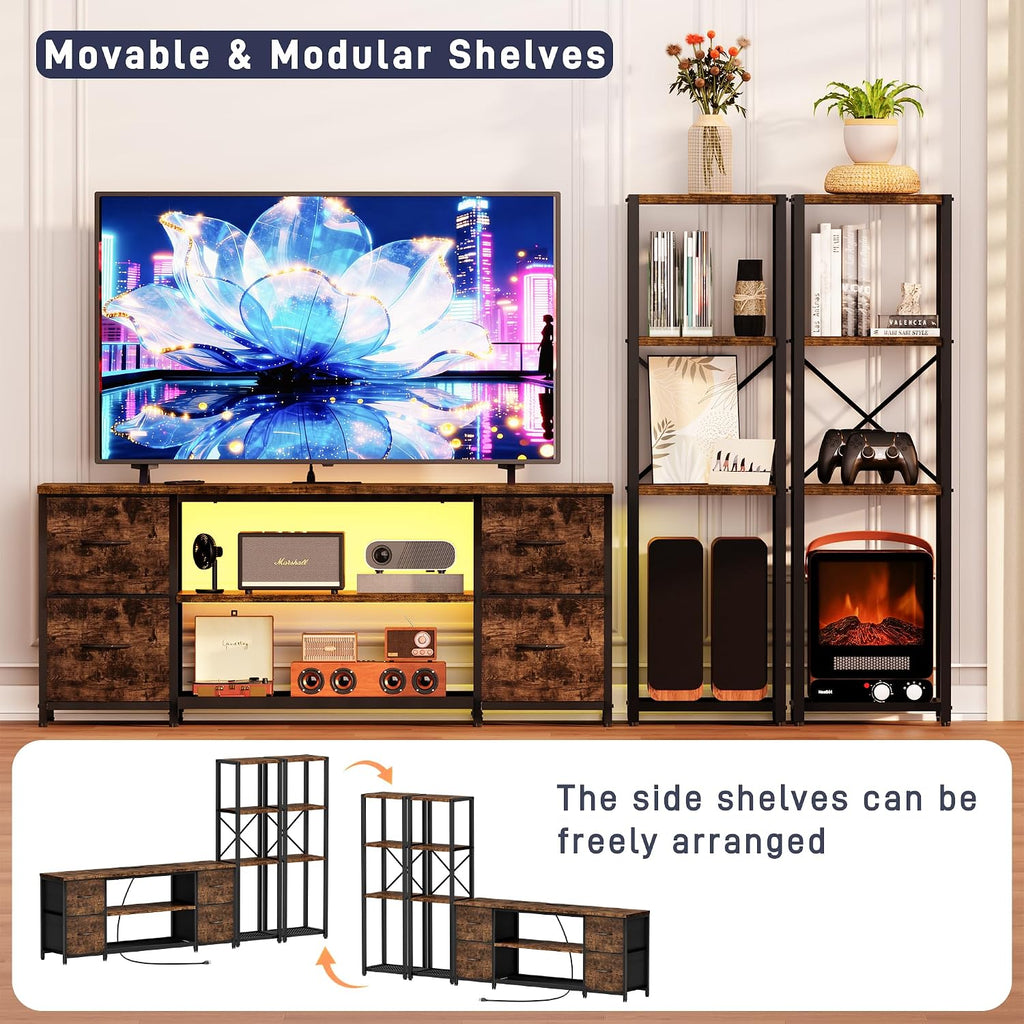 LED TV Stand Bookshelf Combo with Charging Station for 65 60 55 Inch TV, Entertainment Center with Lights & Drawers, Industrial Media TV Console Table for Living Room Bedroom Office, Rustic Brown