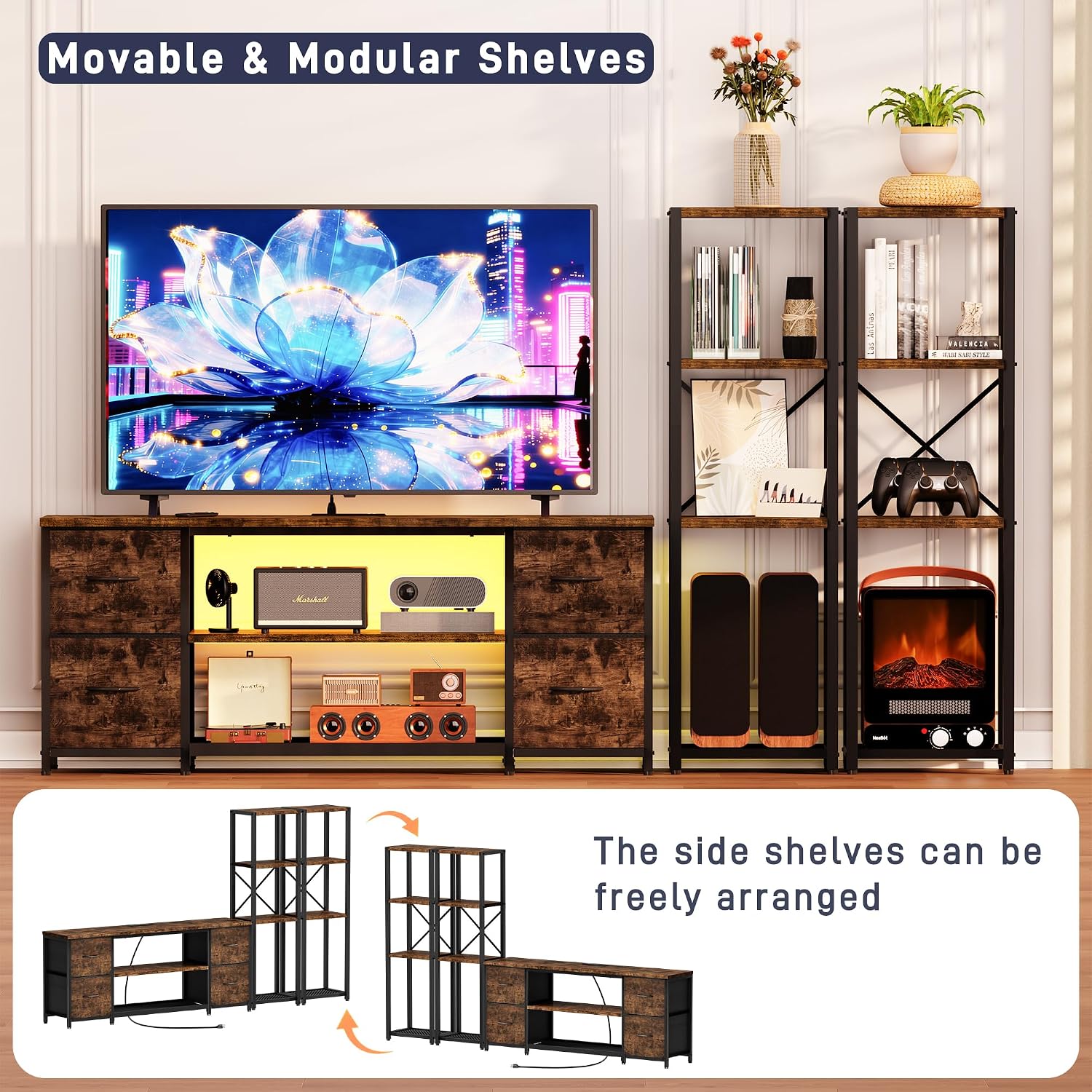 LED TV Stand Bookshelf Combo with Charging Station for 65 60 55 Inch TV, Entertainment Center with Lights & Drawers, Industrial Media TV Console Table for Living Room Bedroom Office, Rustic Brown