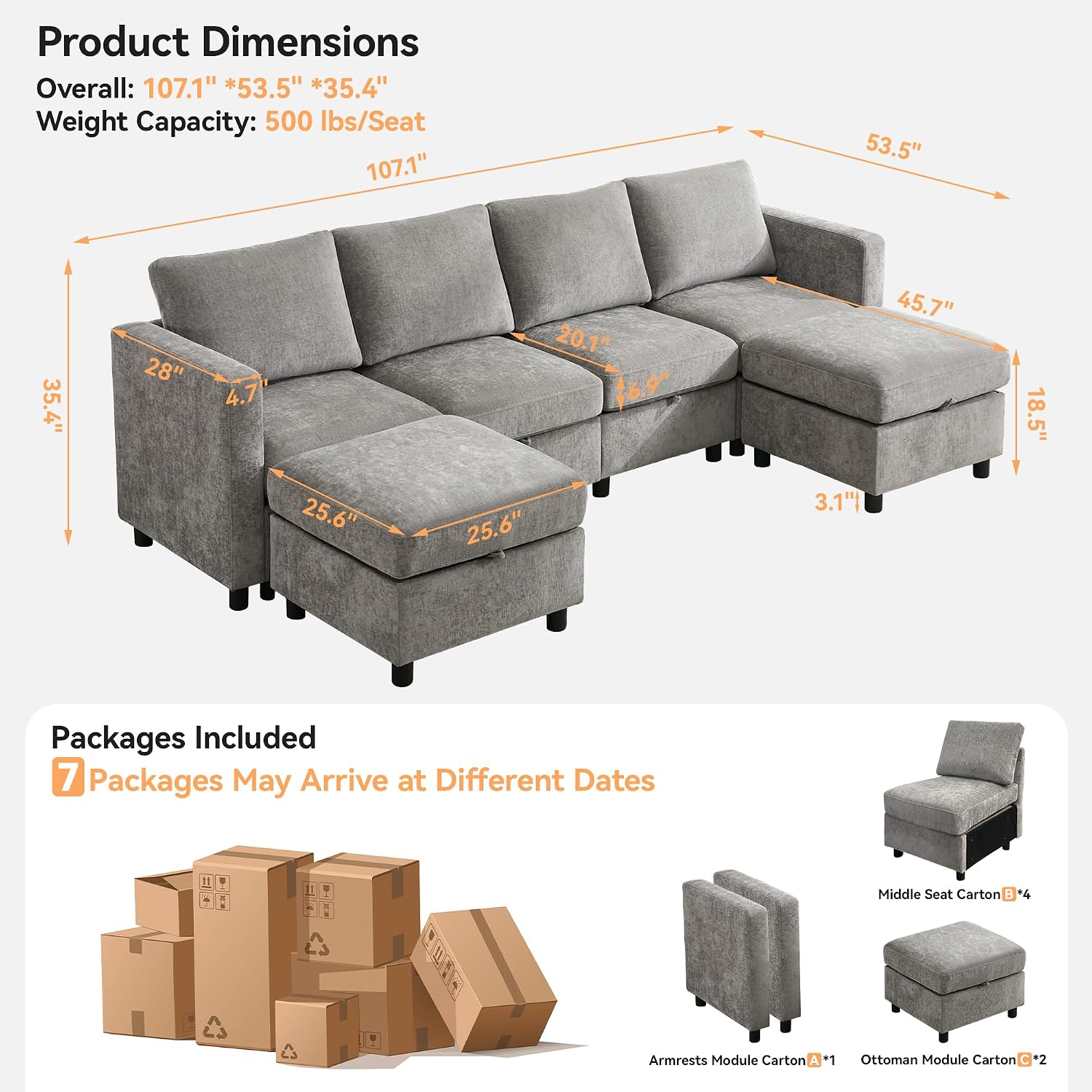 WUTUTUEE 107'Modular Sectional Sofa Convertible U Shaped Sofa Couch Set with Storage for Living Room, Modern 6 Seater Modular Sectional Couch with Movable Ottoman, Chenille(Light Grey)