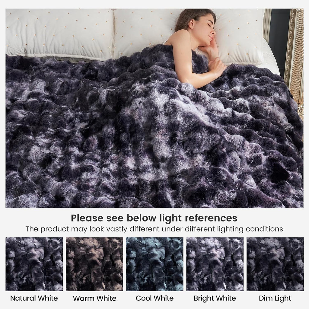 Cozy Bliss Faux Fur Throw Blanket for Bed King Size, Fuzzy Soft Plush Thick Bubble Blanket for Sofa Bedroom Living Room, 108 * 90 Inches Tie Dye Black