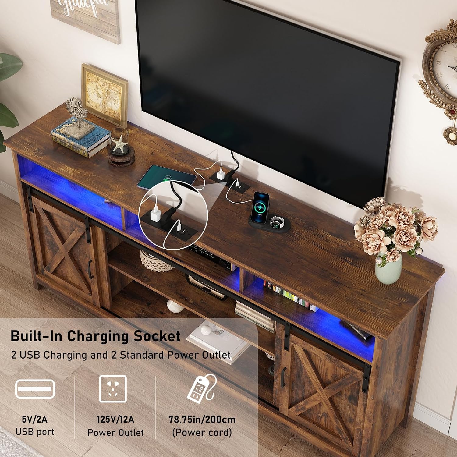 57' LED Farmhouse TV Stand for 65/60/55 Inch TVs,Tall Entertainment Center Storage Cabinets w/Power Outlets and Sliding Barn Door,Rustic TV Stands for Living Room,Media Console Cabinet (Brown)