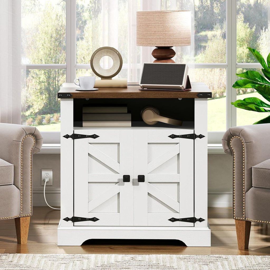HOOBRO Farmhouse End Table with Charging Station, 23.6' Large End Tables for Living Room, Sofa Side Table with Barn Door, Wooden Square Nightstand Bedside Table, Flip Top, White and Walnut WH601UBZ01