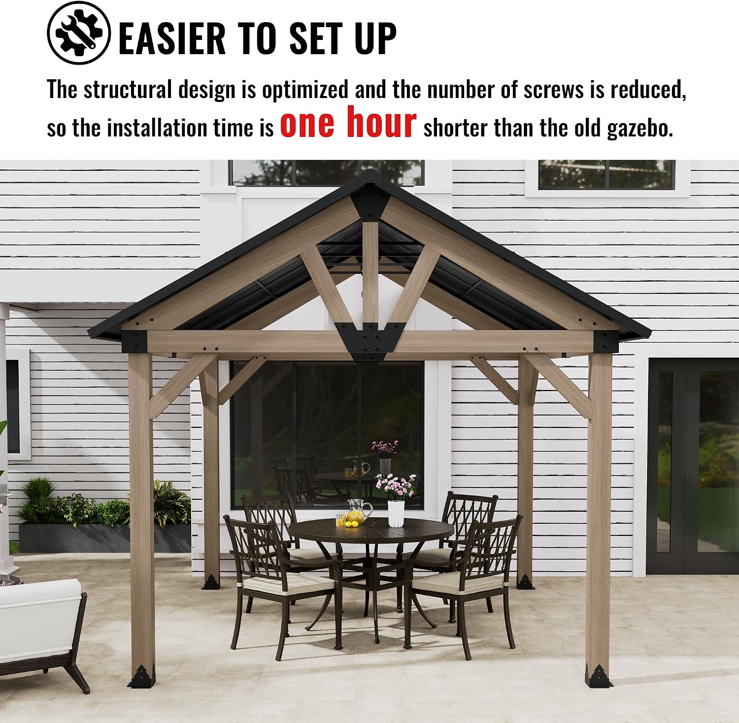10 x 12 ft Gable Cedar Wood Gazebo Premium Hardtop Permanent Gazebo Pergola with Galvanized Steel Roof Pavilion for Patio Lawn Backyard