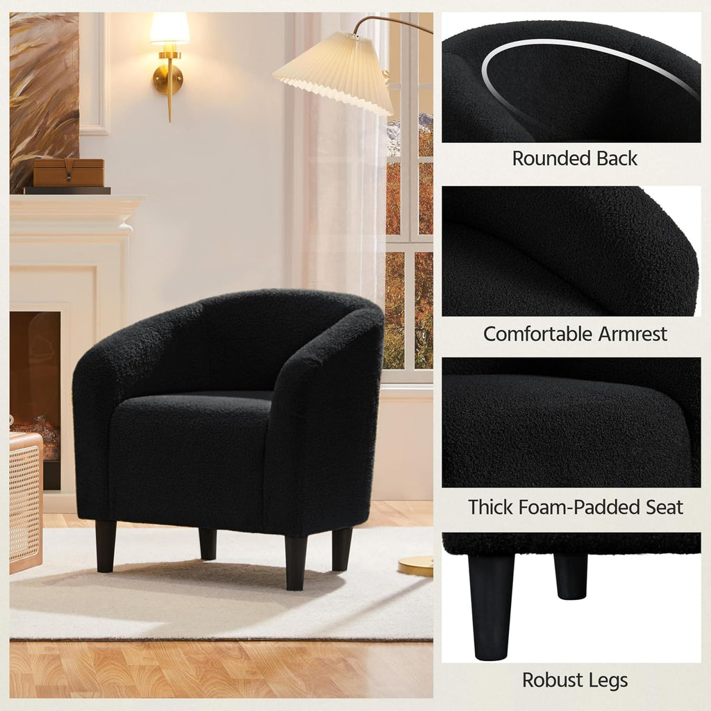 Yaheetech Accent Barrel Chair, Boucle Fabric Club Chair, Furry Sherpa Elegant Armchair with Cozy Soft Padded, Suitable for Living Room Bedroom Reception Office, Black
