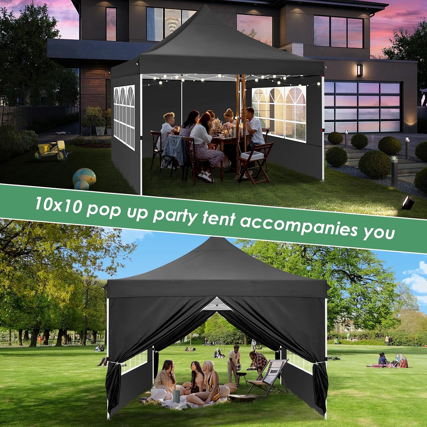 COBIZI Canopy 10x10 Pop Up Canopy Tent with 4 Sidewalls, Commercial Party Tent Ez Waterproof Outdoor Instant Gazebo UV 50+ Event Shelter, Garden Tents for Parties Camping with Sandbags, Black
