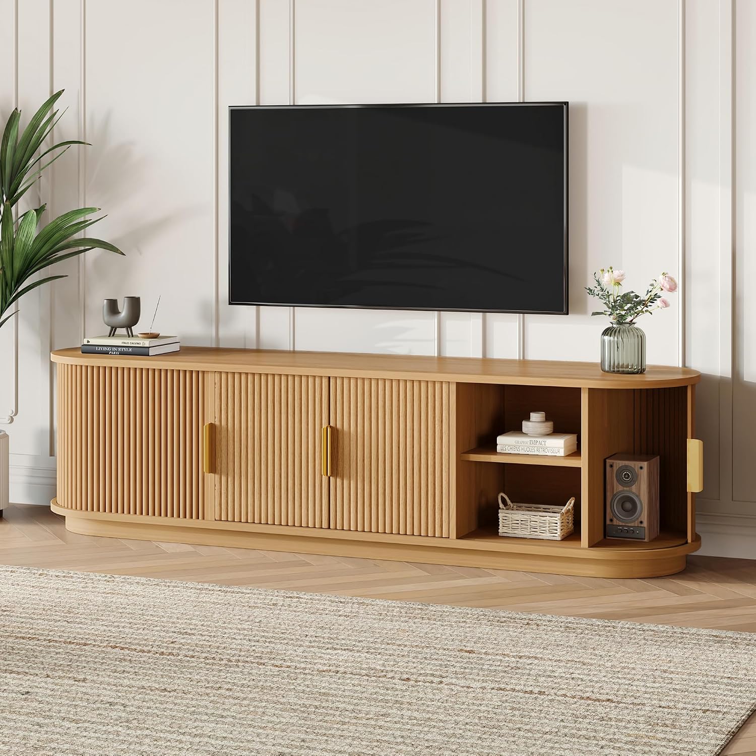 Merax Fluted Wooden TV Stand for TVs up to 75', Farmhouse Media Console with Sliding Door and Golden Handles, Curved Television Cabinet with Adjustable Storage Shelves for Living Room, Natural
