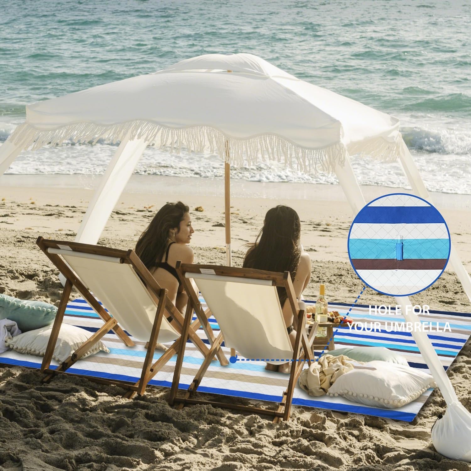 AMMSUN Beach Cabana with Blanket, 7' x 7' Boho Canopy with Tassels, Premium Wood Pole, Fringe Cabana Tent with Sand Pockets, Instant Sun Shade for Sand, Garden, Outdoor, Elegant White