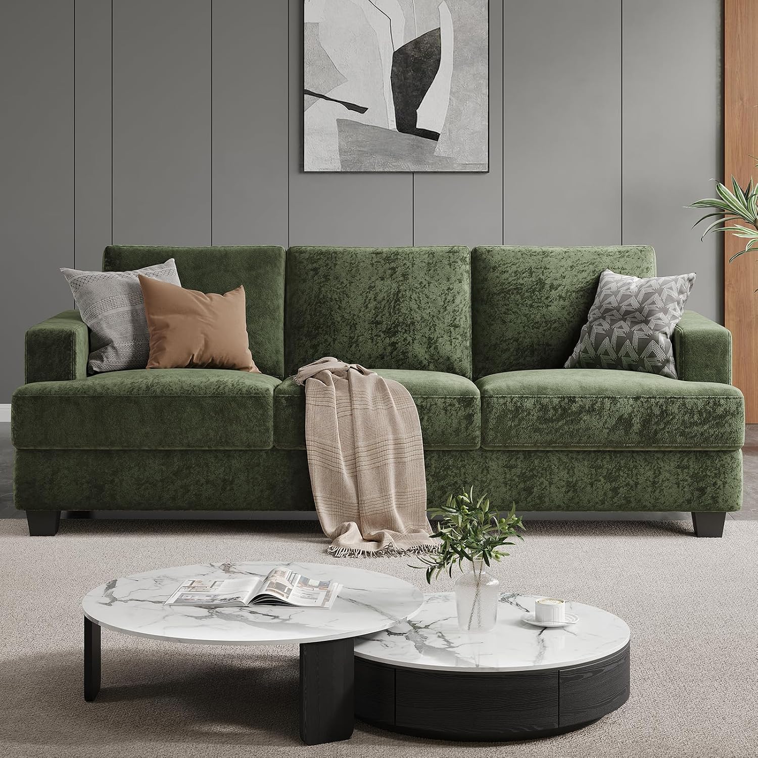 COPIAE 89 Inch Sofa with Extra Deep Seats Oversize,3 Seater Sofa for Living Room, Modern Couch and Sofa, Comfy Armrests and Seats and Backrests, Easy Installation,Chenille Fabric Green