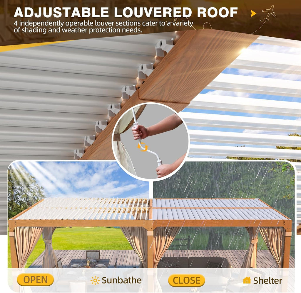 MELLCOM Louvered Pergola - 10x20, Aluminum with Adjustable Roof, Wood Grain with Waterproof Curtains and Nets