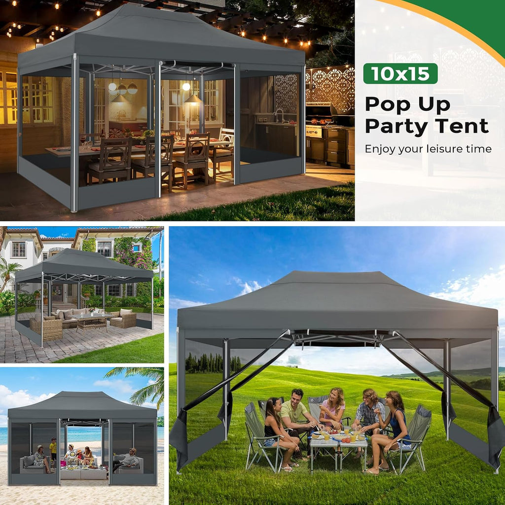 COBIZI 10x15 Heavy Duty Pop Up Canopy with 4 Sidewalls, Commercial Gazebo Party Tent with Mosquito Netting Wall Easy Set Up Outdoor Instant Screen Tent for Backyard, Patio, Garden, Gray