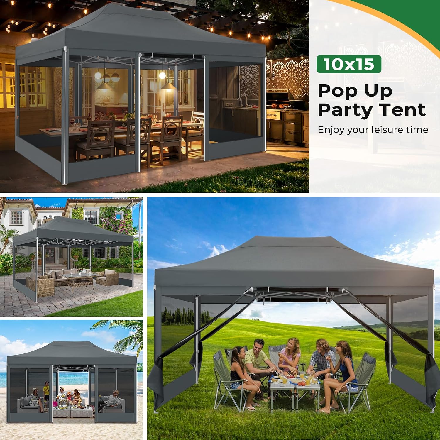 COBIZI 10x15 Heavy Duty Pop Up Canopy with 4 Sidewalls, Commercial Gazebo Party Tent with Mosquito Netting Wall Easy Set Up Outdoor Instant Screen Tent for Backyard, Patio, Garden, Gray