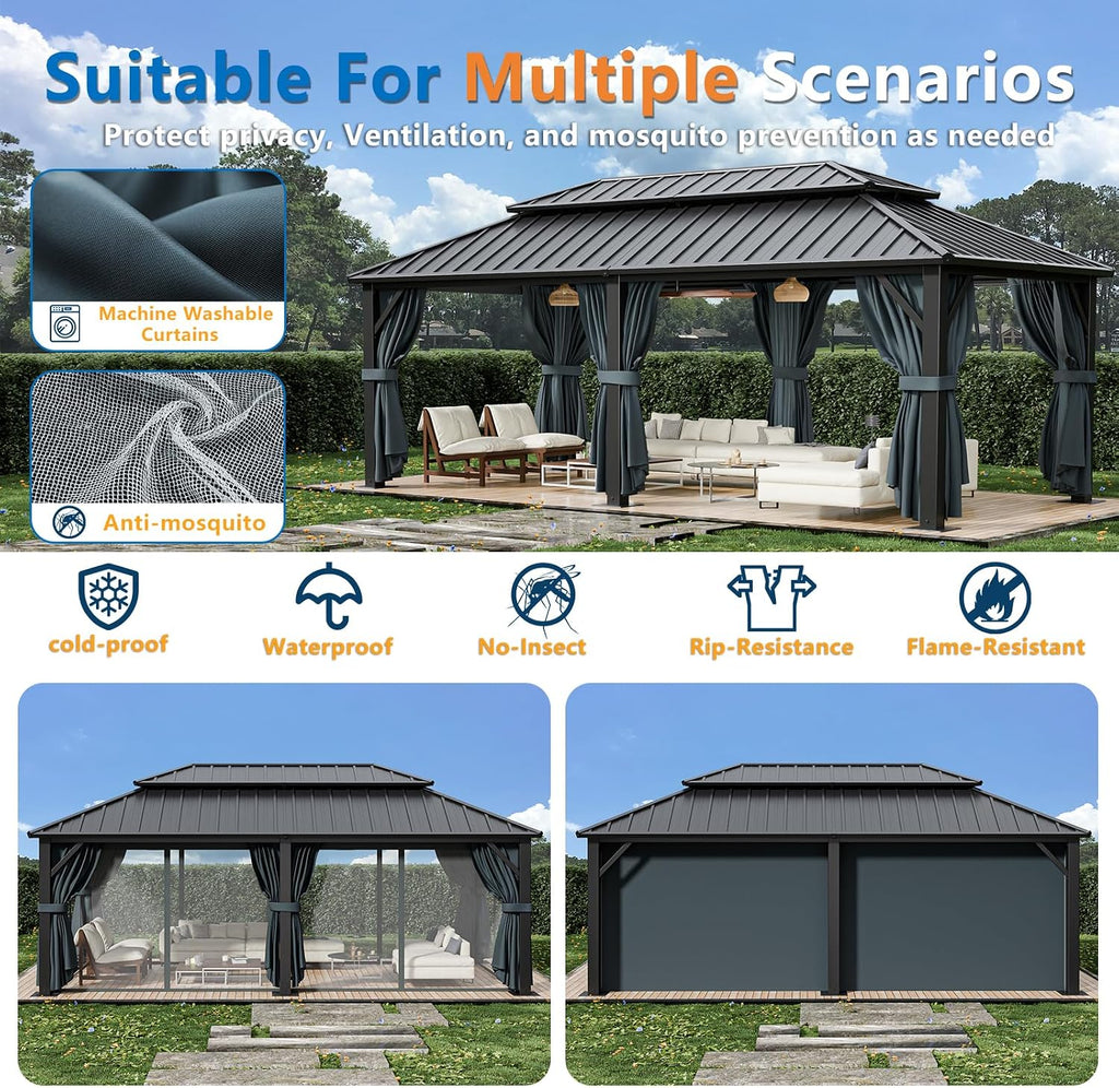 HOTEEL 12x20 Hardtop Gazebo on Clearance with Metal Roof, Heavy Duty Galvanized Steel Patio Hard Top Gazebos, Outdoor Permanent Screened in Gazebo with Curtains, for All-Weather, Backyarad, Black(Pro)