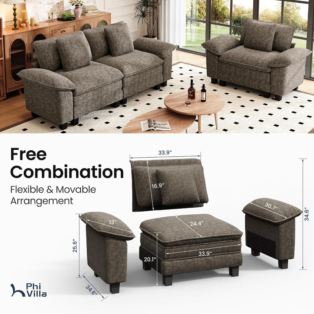 PHI VILLA Cloud Modular Couches Sets, 2 Pieces Sectional Sofa Set with Loveseat, 3-Seater Comfy Couch for Living Room Apartment, Chenille Fabric, Smoky Grey