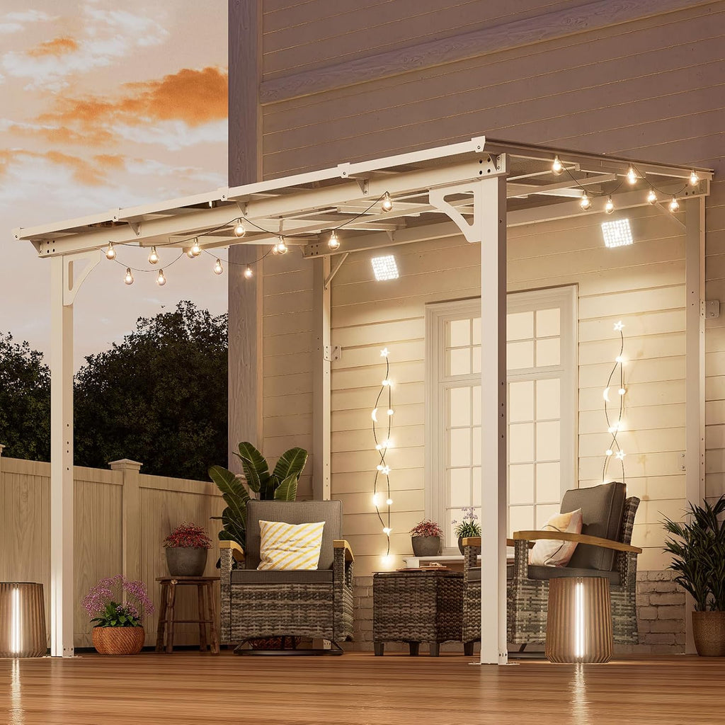 MEISSALIVVE 8' x 8' Wall Mounted Lean to Metal Awnings with Sloped Roof, Outdoor Patio Gazebo Awning for Backyard, Deck, White
