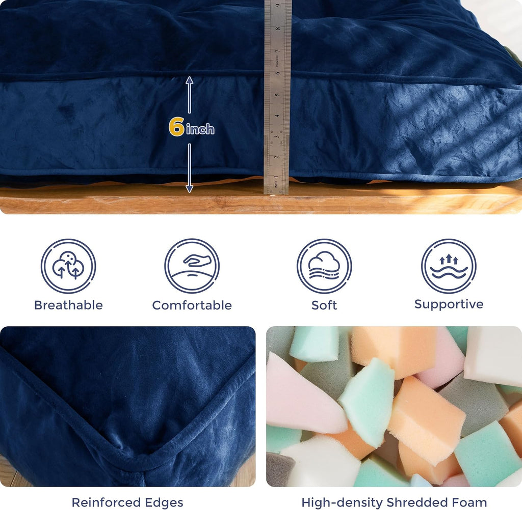 MAXYOYO 6' Futon Mattress Full Size, Velvet Thick Futons Sofa Couch, Versatile Floor Mattress for Adults, Shredded Foam Filling (Frame Not Included), Navy