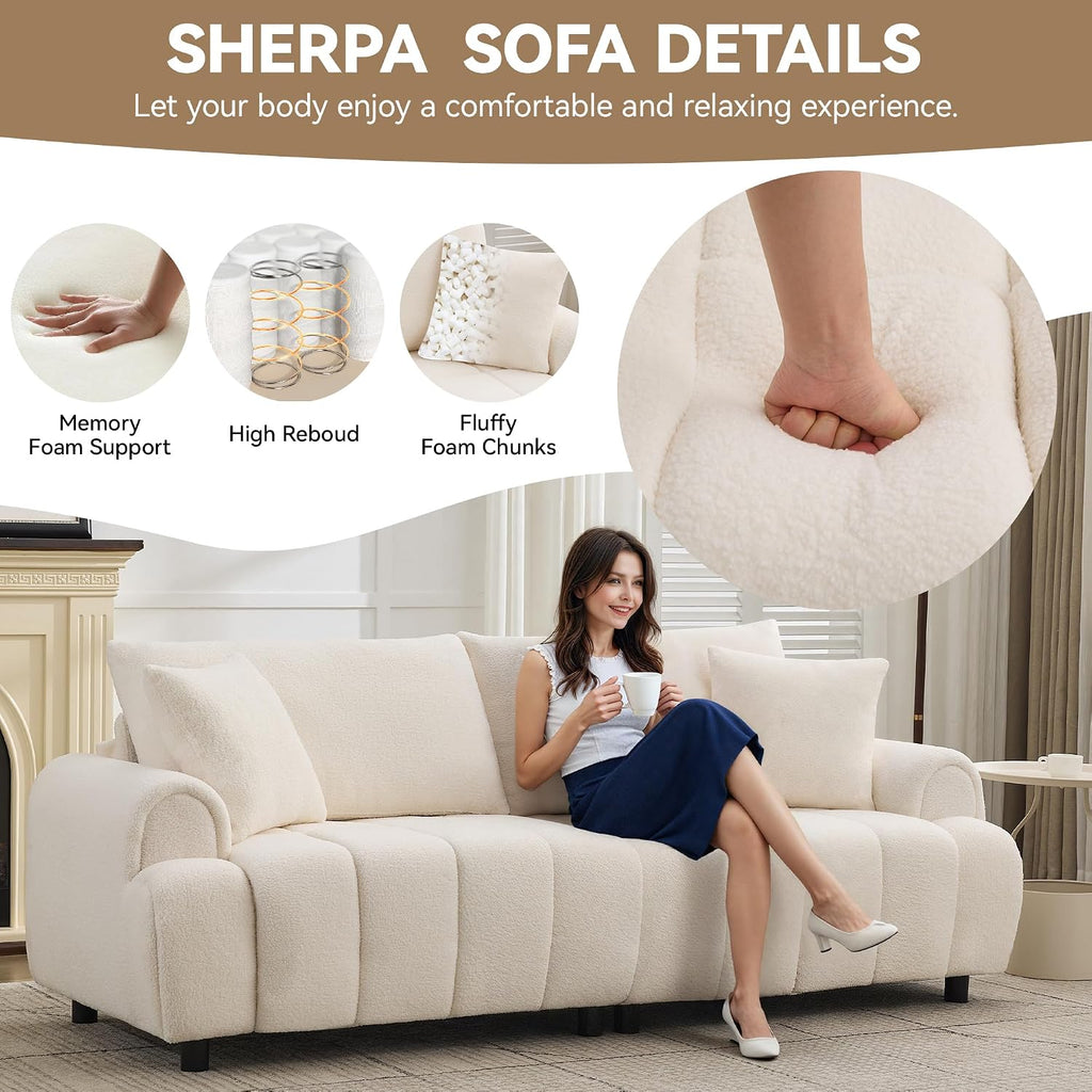 88 'Modern Boucle Sofa Couch, Oversized Comfy 3 Seater Sherpa Curved Sofas Deep Seat, Upholstered Loveseat Teddy Round Arm Couches for Living Room, Bedroom, Beige