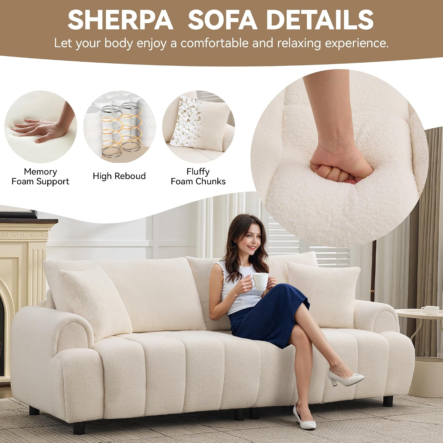 88 'Modern Boucle Sofa Couch, Oversized Comfy 3 Seater Sherpa Curved Sofas Deep Seat, Upholstered Loveseat Teddy Round Arm Couches for Living Room, Bedroom, Beige