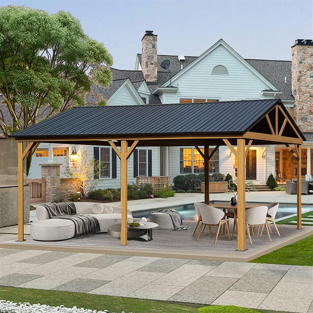 MONDAWE 12 x 20 FT Permanent Hardtop Gazebo, Wood Grain Aluminum Frame & Galvanized Steel Roof, Outdoor Metal Hard Top Gazebo Pavilion for Patio, Garden, Backyard (Yellow Brown)